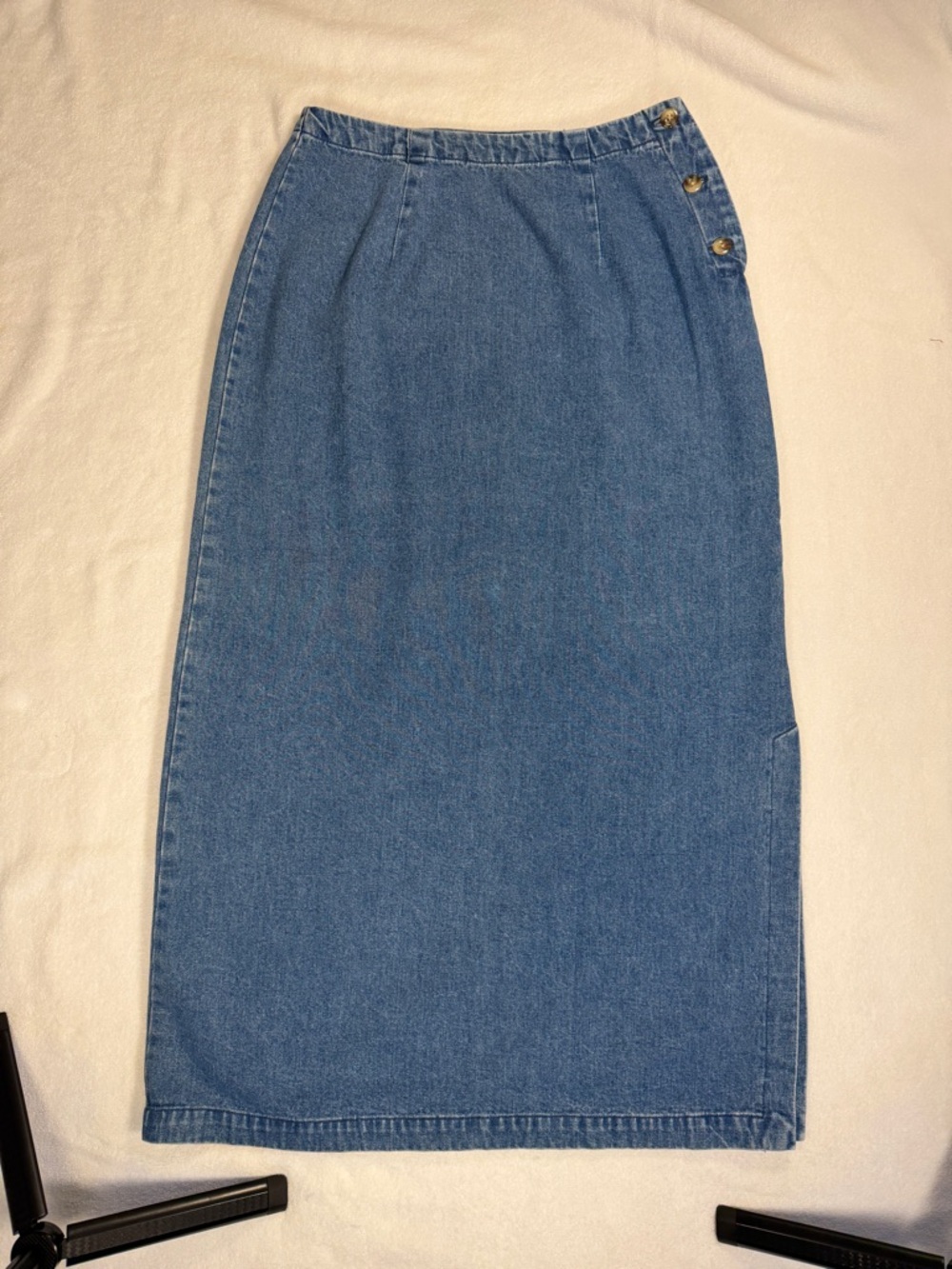 Vintage Eddie Bauer Denim Midi Skirt Petite 2 Side Button 90s Minimalist